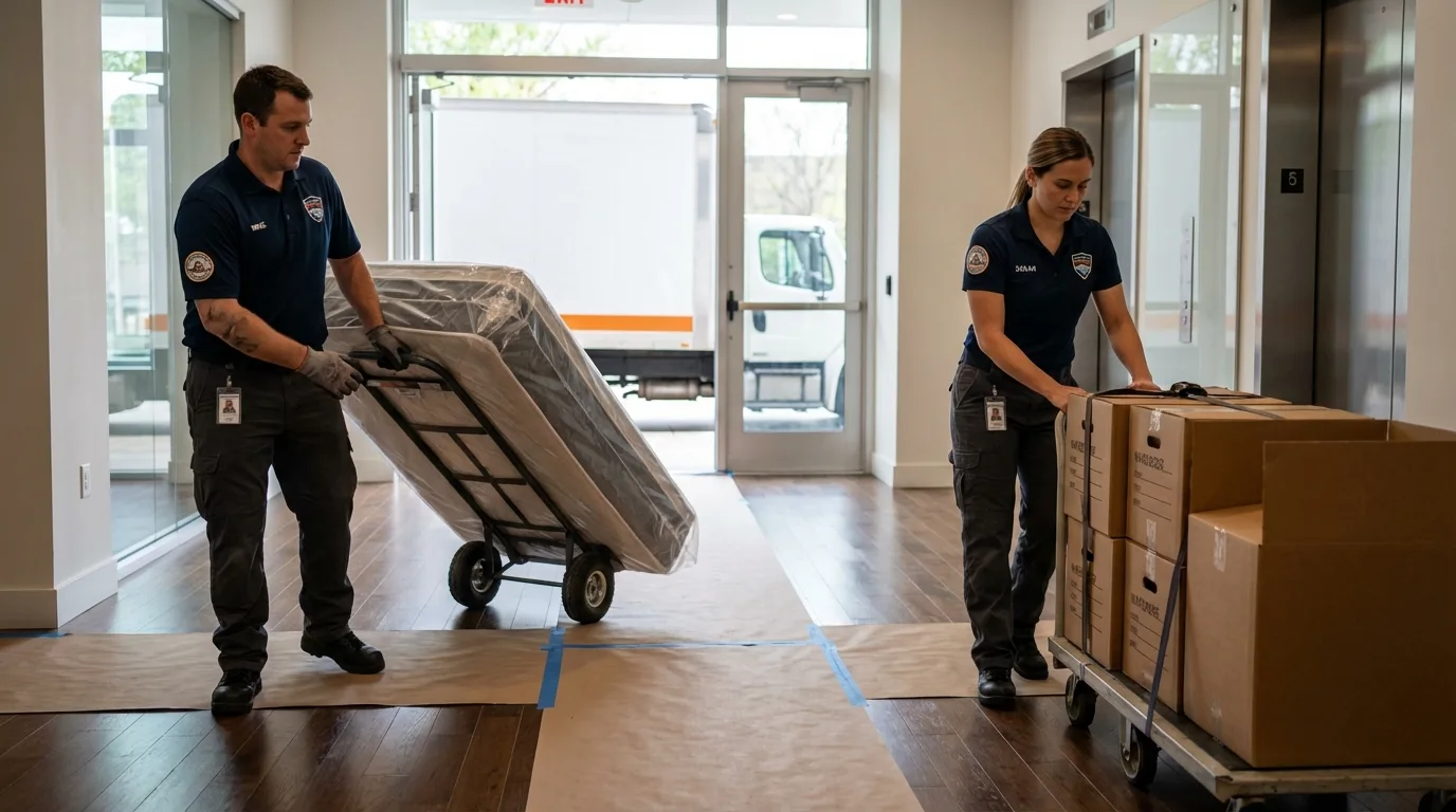 Professional apartment movers loading elevator in Frazier Park, CA